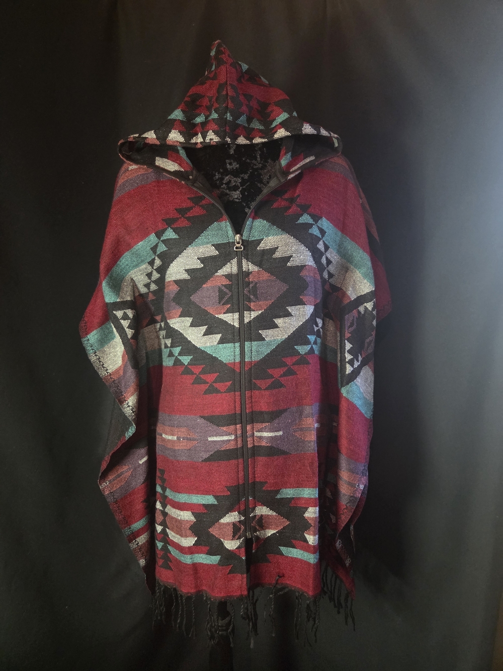 EARTHBOUND Hooded Aztec Poncho Jacket in Burgundy & Teal